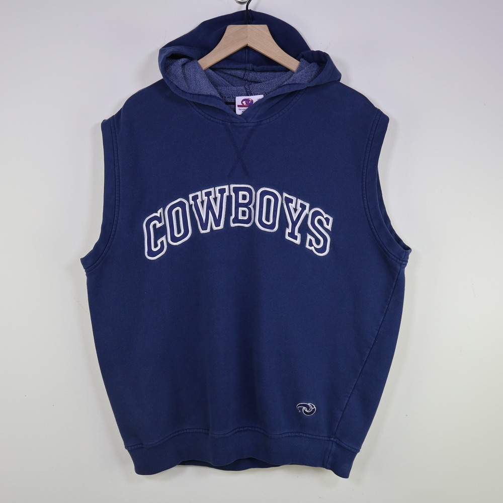 Vintage 90s Dallas Cowboys Sleeveless Hoodie XL NFL Spellout Navy Blue Cotton